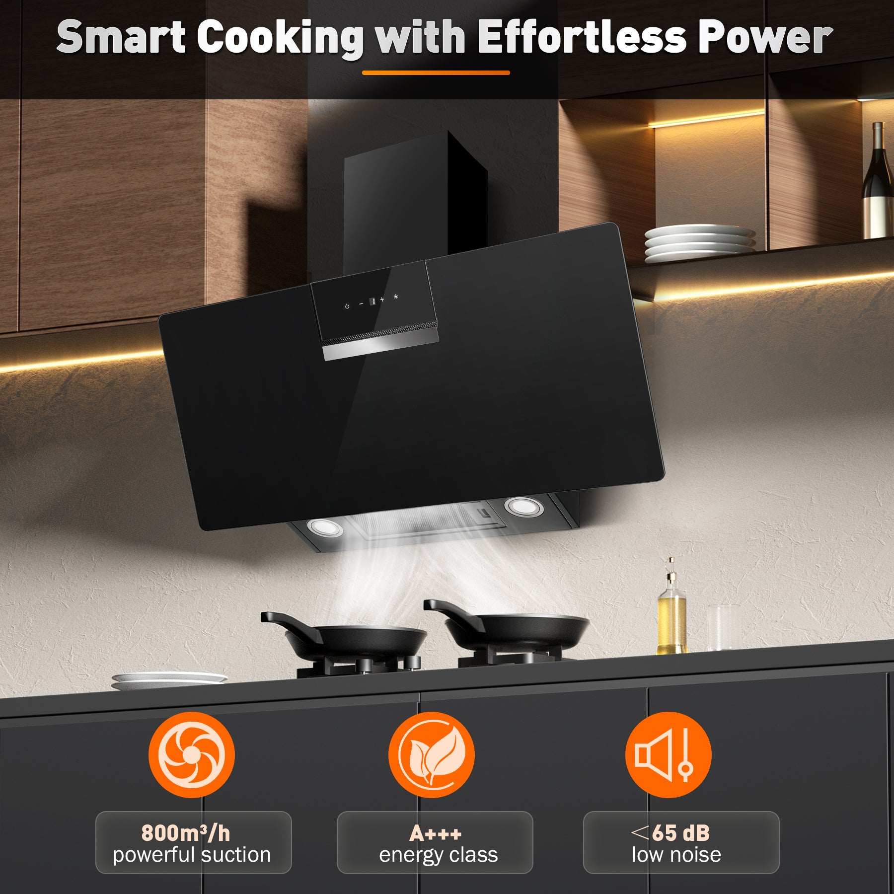 RHFJG90ATBKE- 90cm Dunstabzugshaube,  800 m³/h Saugkraft, 3 Stufen + Booster Touchscreen, Aktivkohlefilter für Abluft/Umluft Betrieb, LED Beleuchtung, Schwarz  [Energieklasse A+++]