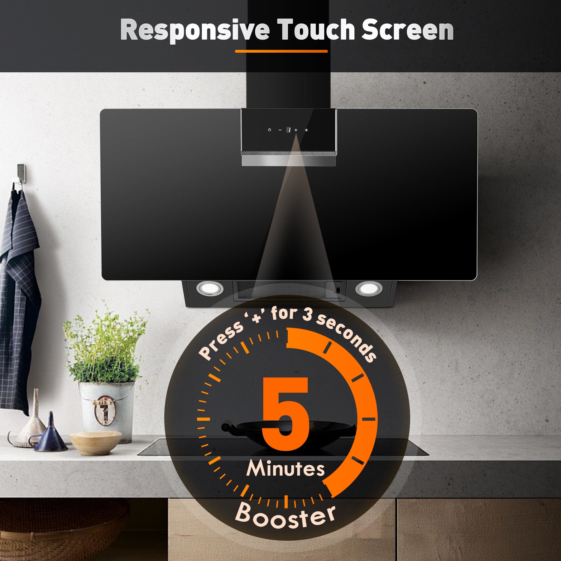 RHFJG90ATBKE- 90cm Dunstabzugshaube,  800 m³/h Saugkraft, 3 Stufen + Booster Touchscreen, Aktivkohlefilter für Abluft/Umluft Betrieb, LED Beleuchtung, Schwarz  [Energieklasse A+++]
