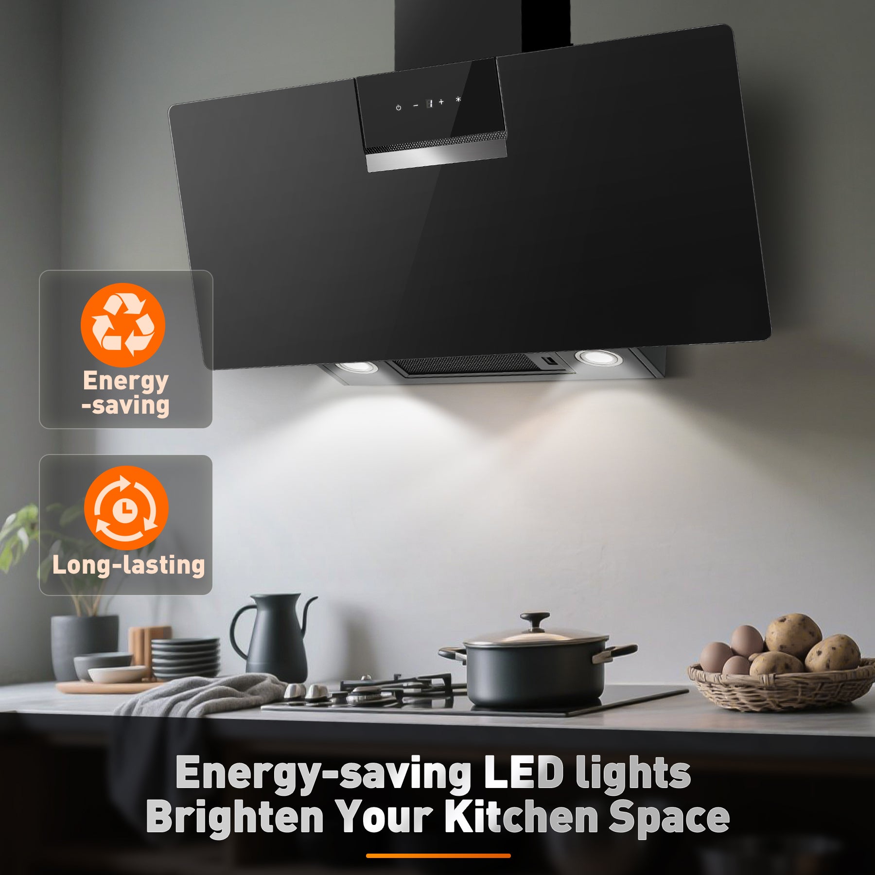 RHFJG90ATBKE- 90cm Dunstabzugshaube,  800 m³/h Saugkraft, 3 Stufen + Booster Touchscreen, Aktivkohlefilter für Abluft/Umluft Betrieb, LED Beleuchtung, Schwarz  [Energieklasse A+++]