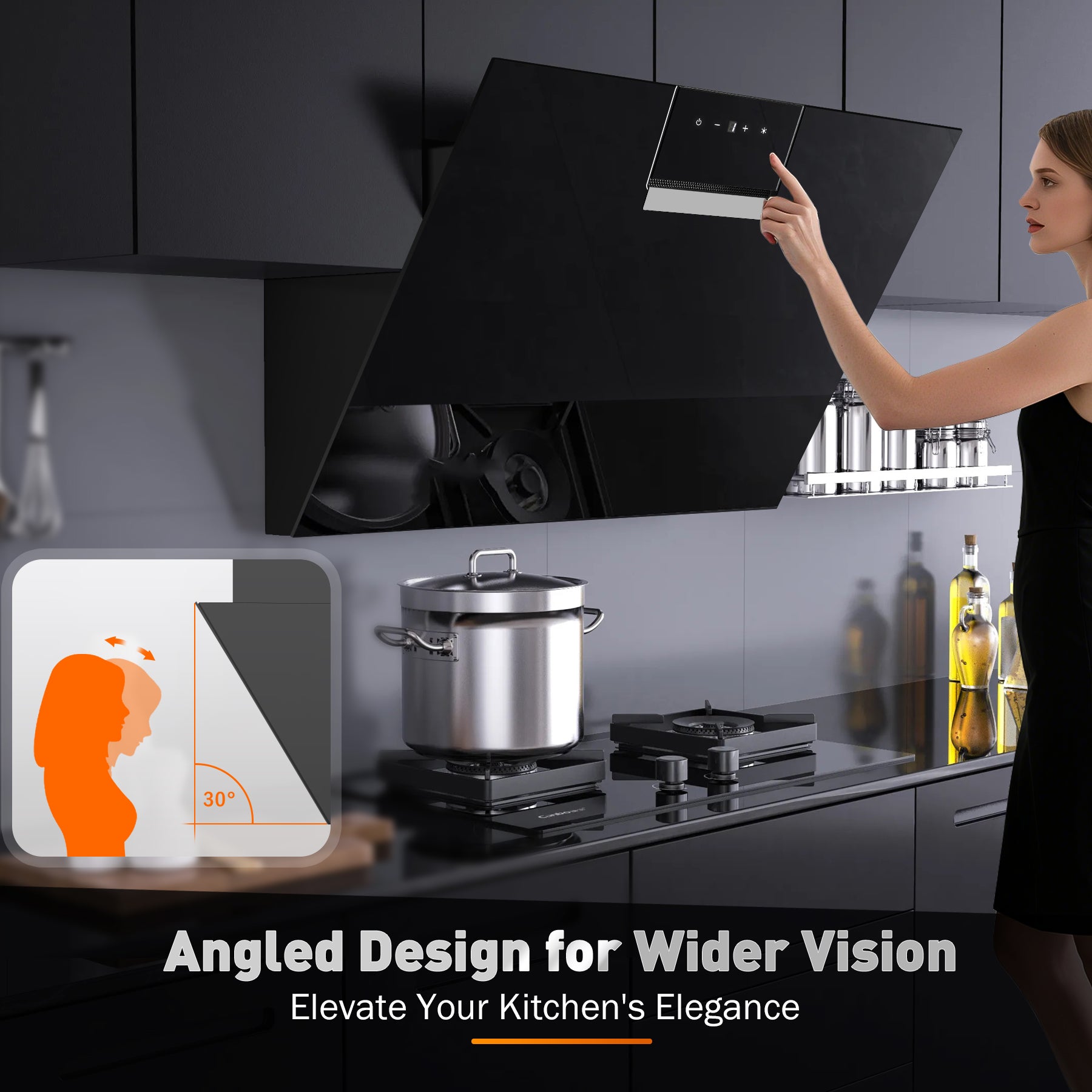 RHFJG90ATBKE- 90cm Dunstabzugshaube,  800 m³/h Saugkraft, 3 Stufen + Booster Touchscreen, Aktivkohlefilter für Abluft/Umluft Betrieb, LED Beleuchtung, Schwarz  [Energieklasse A+++]