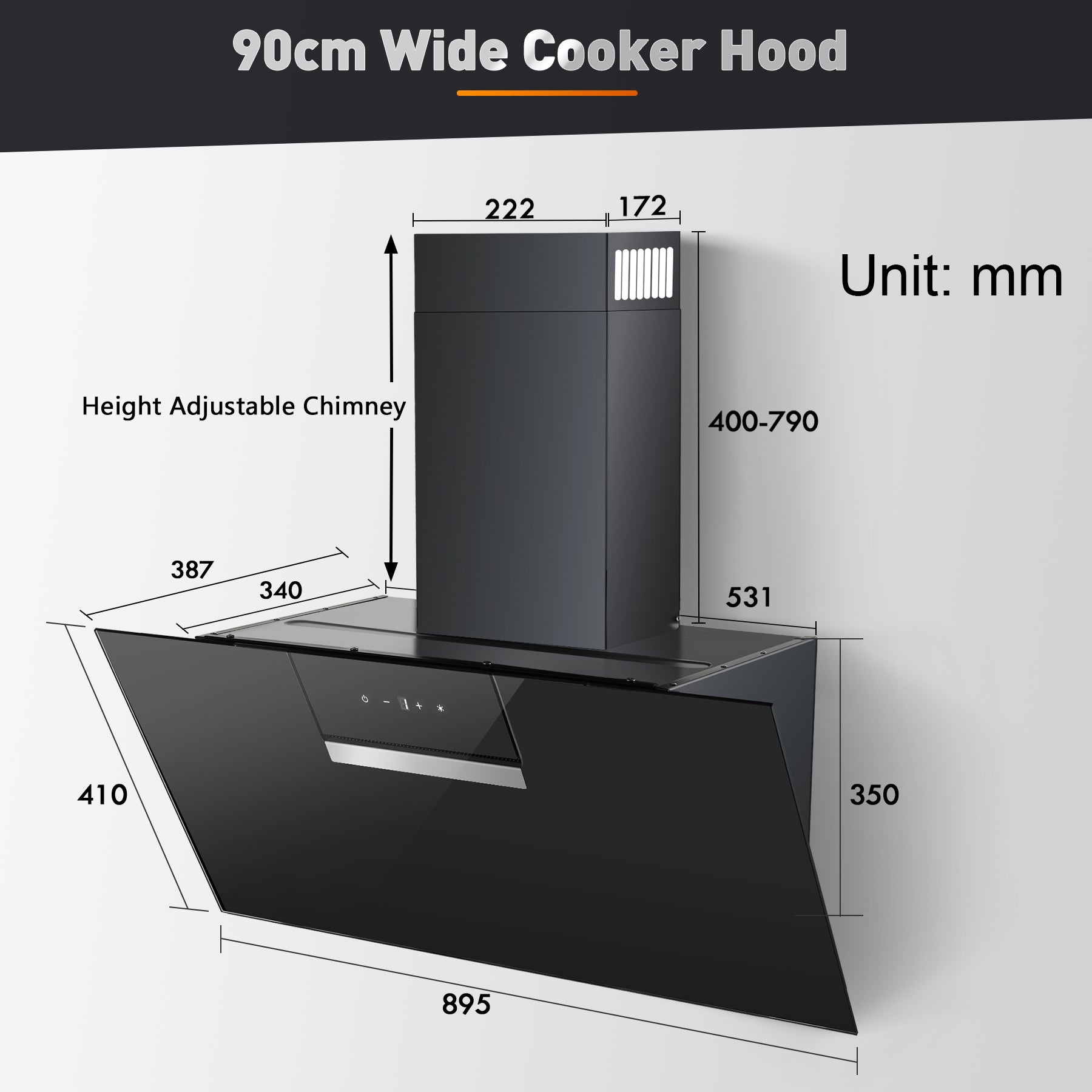 RHFJG90ATBKE- 90cm Dunstabzugshaube,  800 m³/h Saugkraft, 3 Stufen + Booster Touchscreen, Aktivkohlefilter für Abluft/Umluft Betrieb, LED Beleuchtung, Schwarz  [Energieklasse A+++]