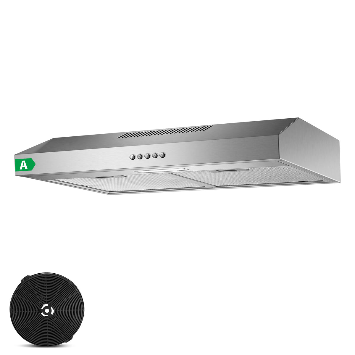EUTF2360S-Dunstabzugshaube 60cm Unterbau, Dunstabzugshaube 60cm Umluft/Abluft 201 m³/h, abzugshaube mit Aktivkohlefilter CF-D, Edelstahl, 3 Stufen, 2W LED-Licht [Energieklasse A]