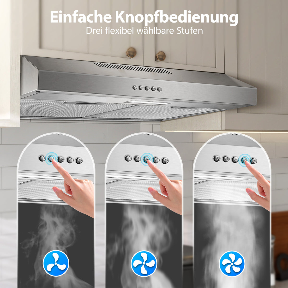EUTF2360S-Dunstabzugshaube 60cm Unterbau, Dunstabzugshaube 60cm Umluft/Abluft 201 m³/h, abzugshaube mit Aktivkohlefilter CF-D, Edelstahl, 3 Stufen, 2W LED-Licht [Energieklasse A]