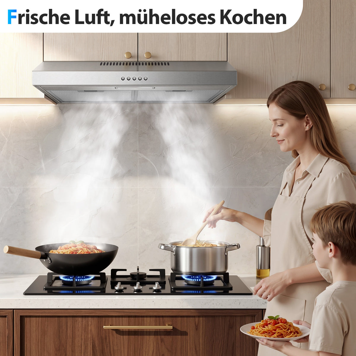 EUTF2360S-Dunstabzugshaube 60cm Unterbau, Dunstabzugshaube 60cm Umluft/Abluft 201 m³/h, abzugshaube mit Aktivkohlefilter CF-D, Edelstahl, 3 Stufen, 2W LED-Licht [Energieklasse A]