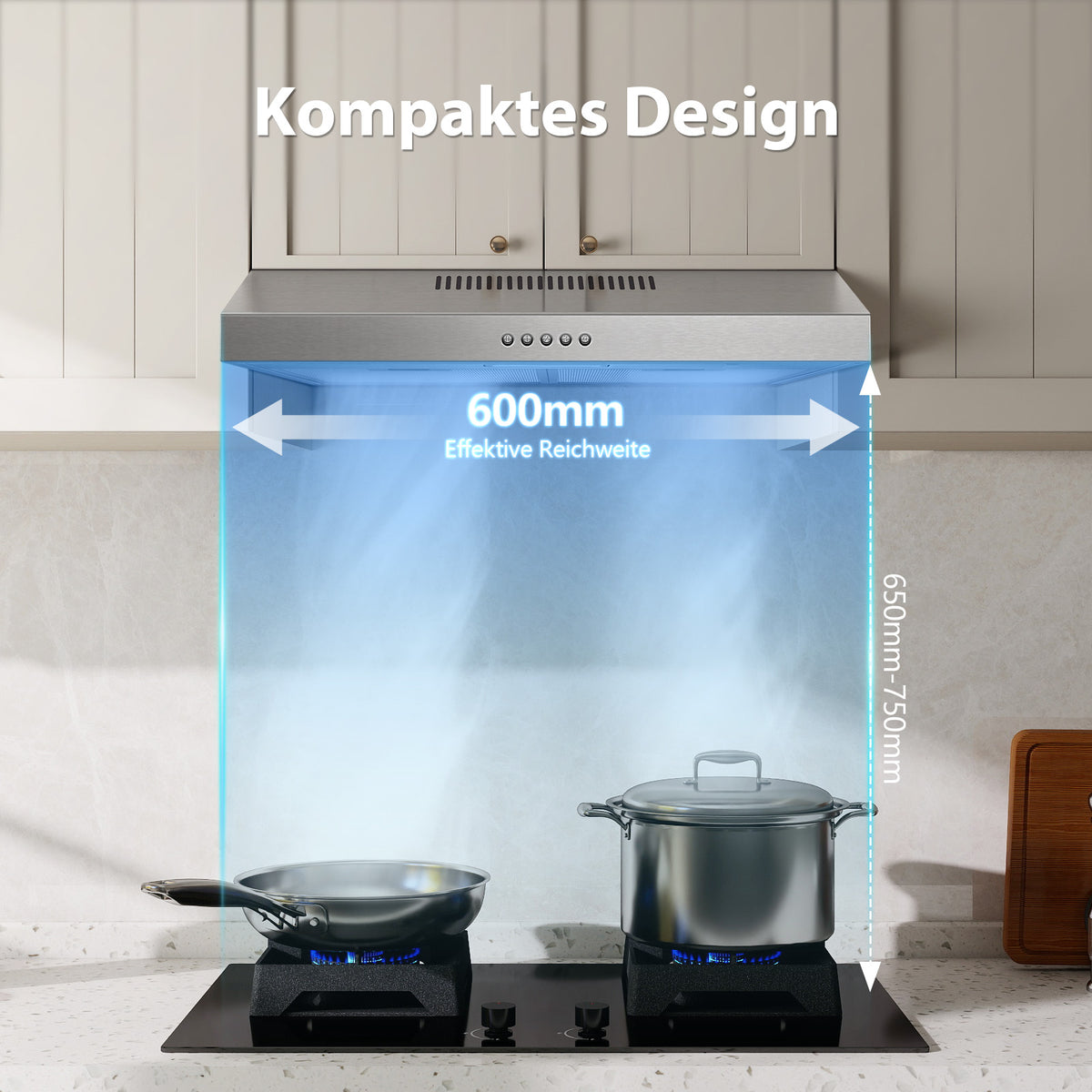 EUTF2360S-Dunstabzugshaube 60cm Unterbau, Dunstabzugshaube 60cm Umluft/Abluft 201 m³/h, abzugshaube mit Aktivkohlefilter CF-D, Edelstahl, 3 Stufen, 2W LED-Licht [Energieklasse A]