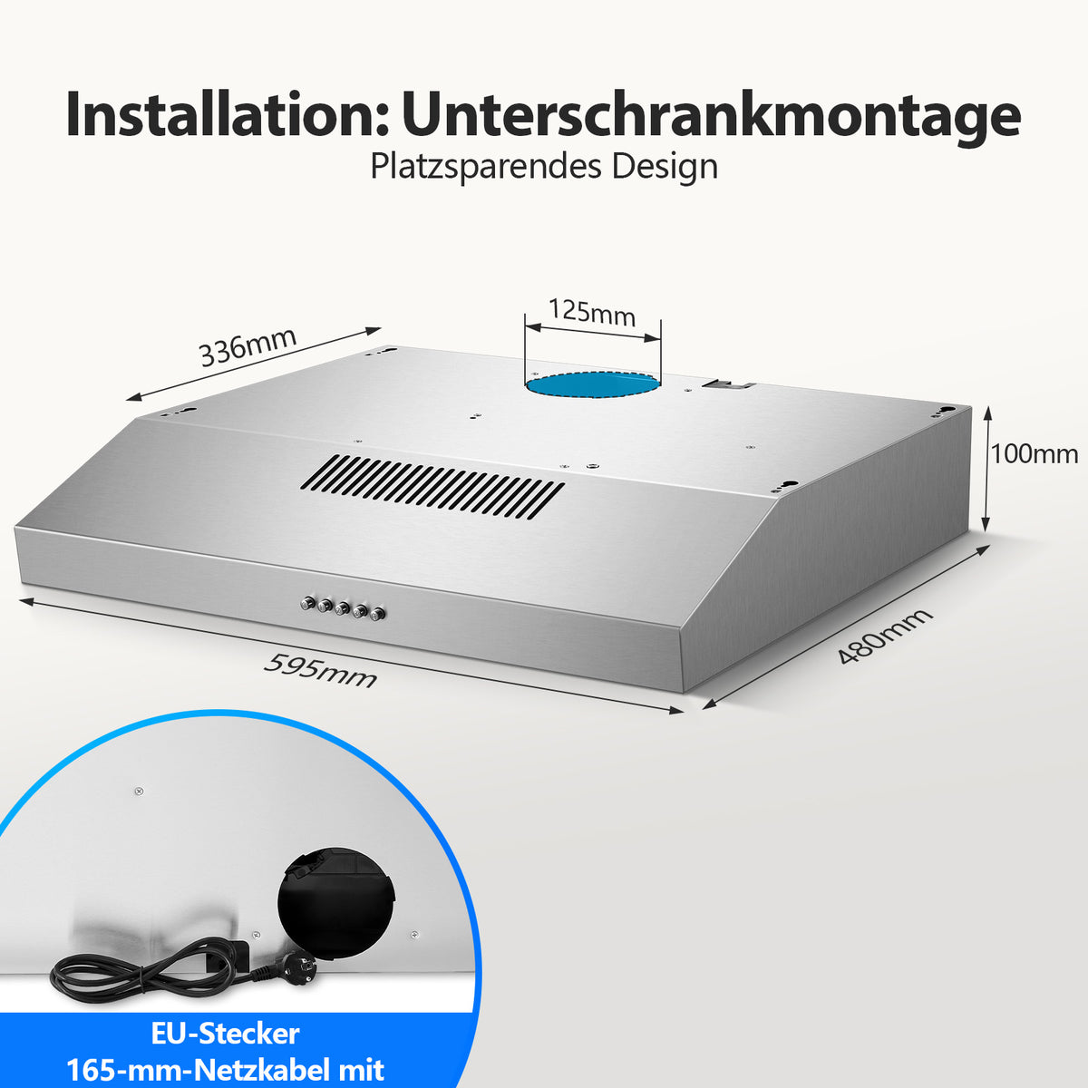 EUTF2360S-Dunstabzugshaube 60cm Unterbau, Dunstabzugshaube 60cm Umluft/Abluft 201 m³/h, abzugshaube mit Aktivkohlefilter CF-D, Edelstahl, 3 Stufen, 2W LED-Licht [Energieklasse A]