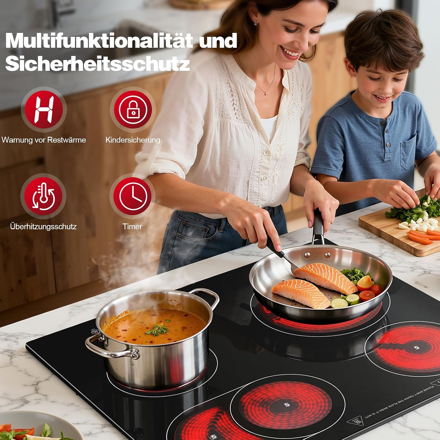 CHE66S244- 60cm Glaskeramikkochfeld 4 Platten 6600W Doppel- & Ovalzone Touch-Steuerung
