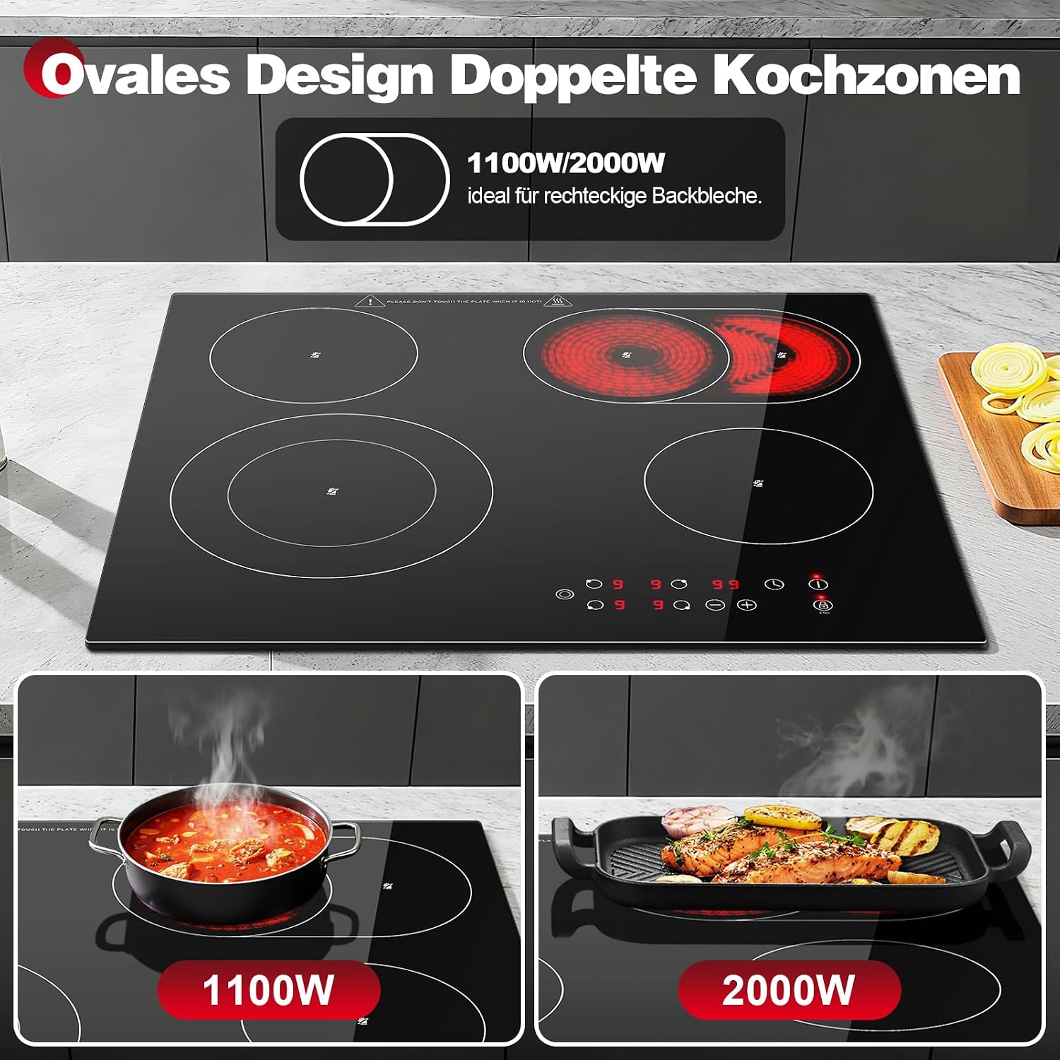 CHE66S244- 60cm Glaskeramikkochfeld 4 Platten 6600W Doppel- & Ovalzone Touch-Steuerung