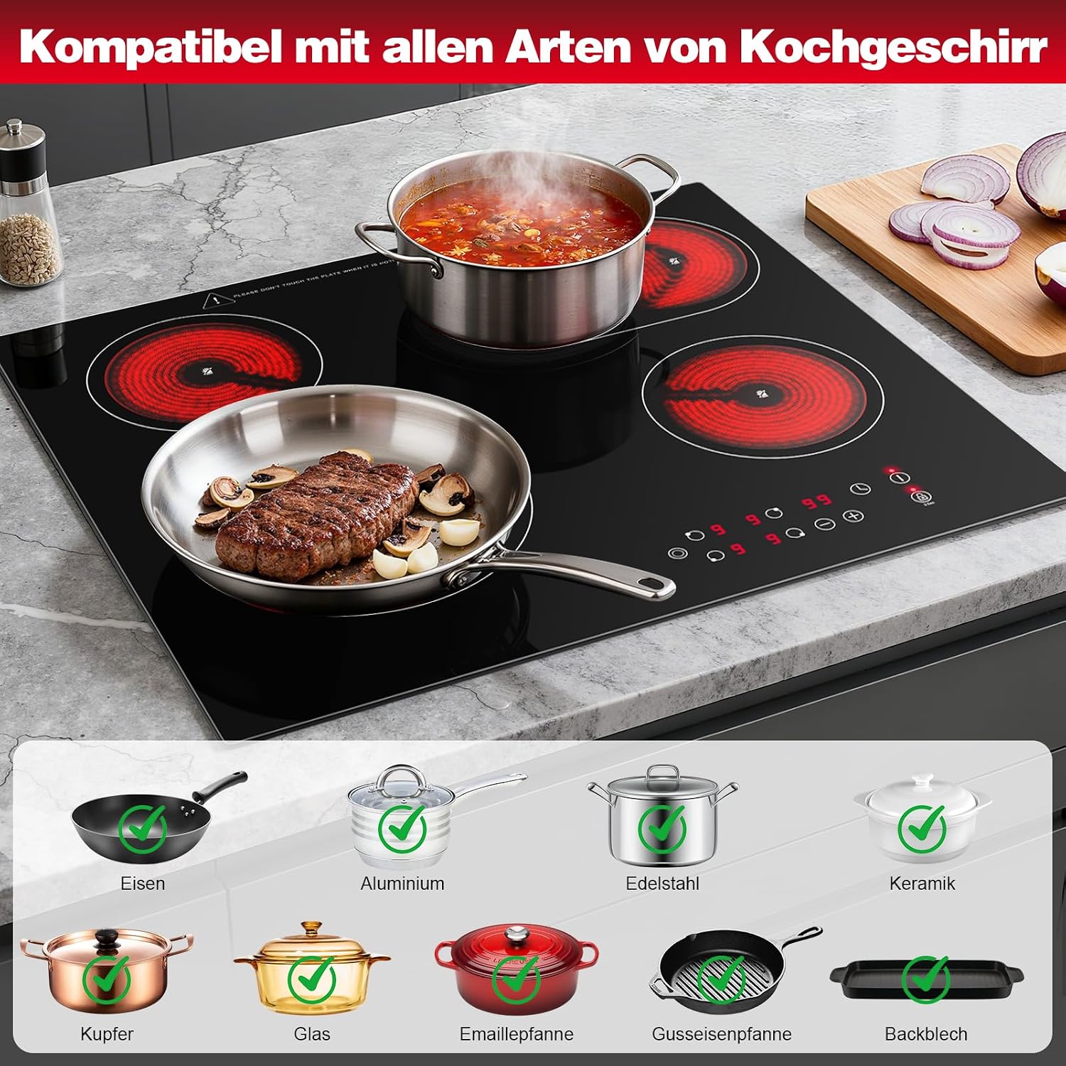 CHE66S244- 60cm Glaskeramikkochfeld 4 Platten 6600W Doppel- & Ovalzone Touch-Steuerung