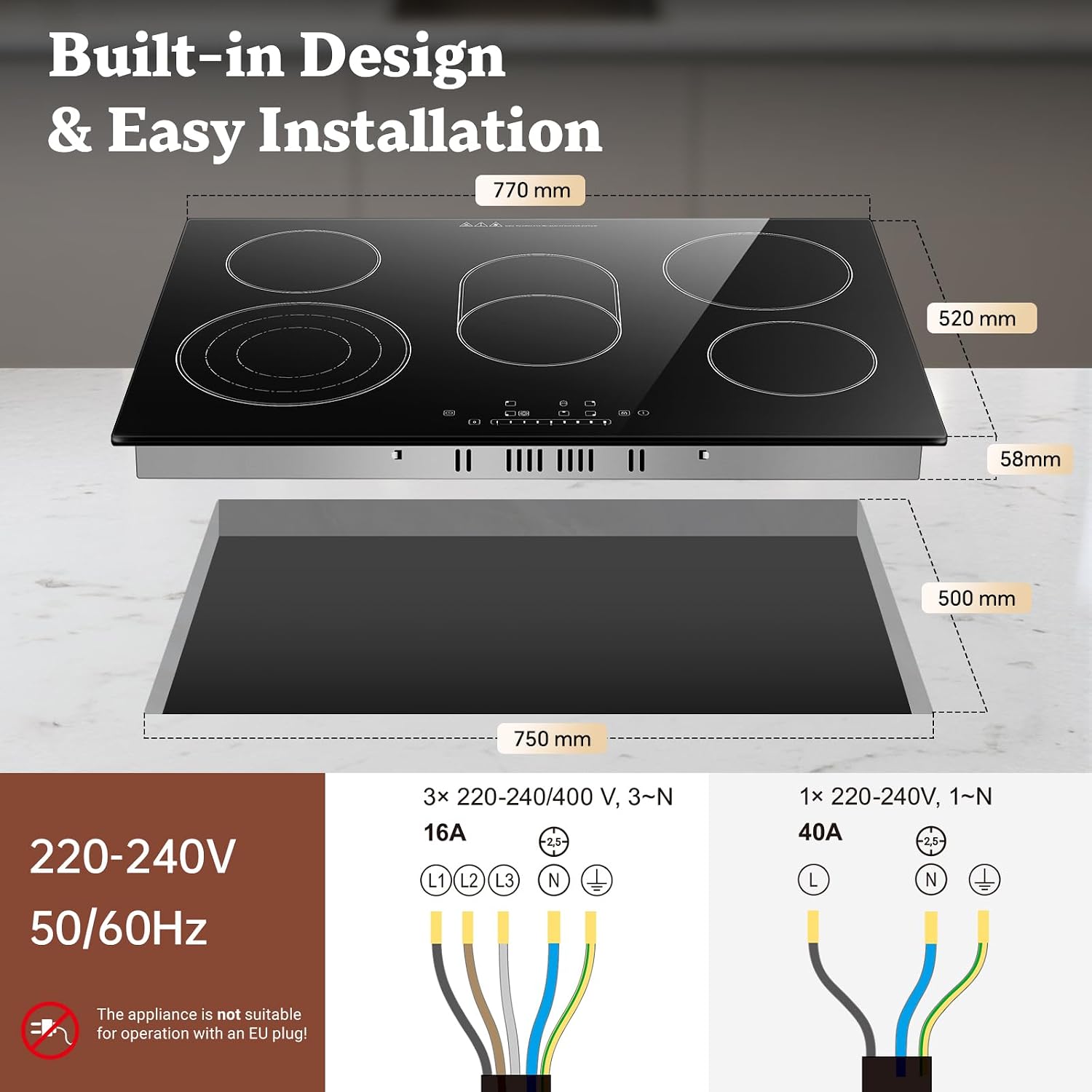 CHE85H305- 77cm Glaskeramikkochfeld 5 Platten 8500W Oval- & Dreifachzone Touch-Steuerung