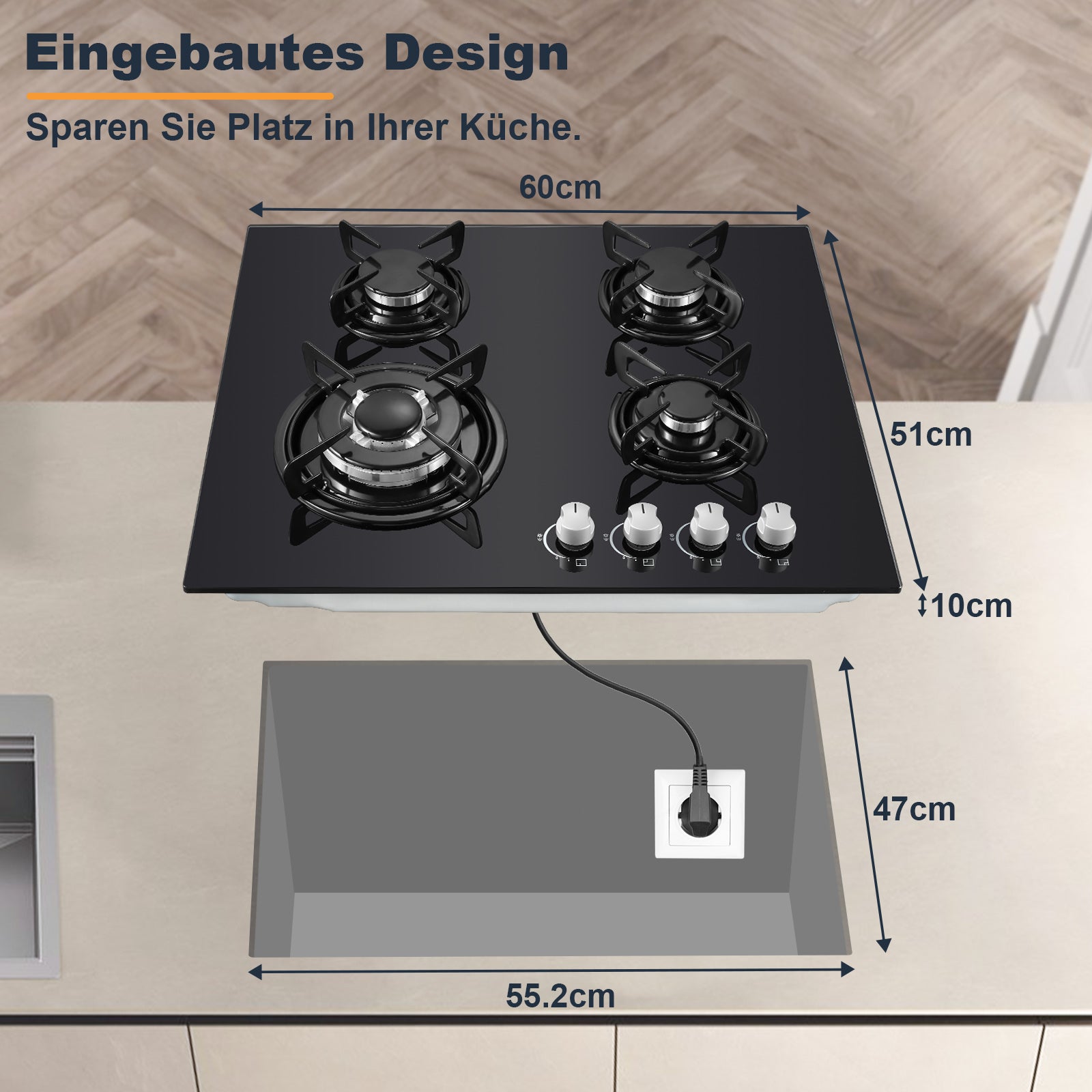 Sndoas Gaskochfeld EUAEB-B04- 4 Flammen Gaskochfeld, 60 cm, Erdgas/Propangas umbaubar, 8060W, gehärtete Glasplatte, schwarz