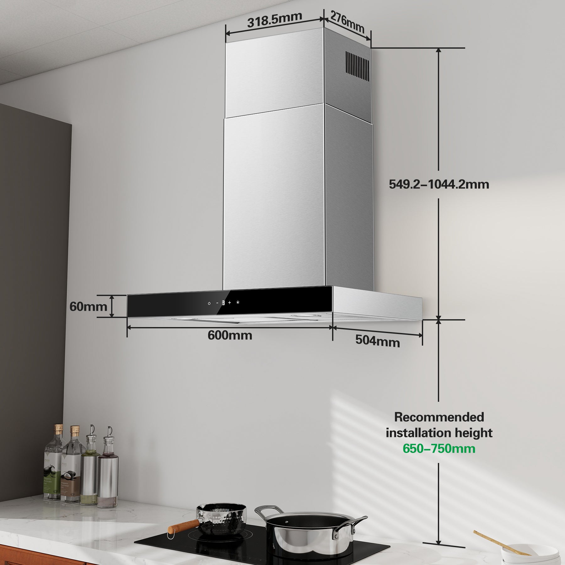 EUTTAB6- Wandhauben Dunstabzugshaube 60cm, Abzugshaube Umluft/Abluft mit 400 m³/h Luftstrom [Energieklasse A+++]