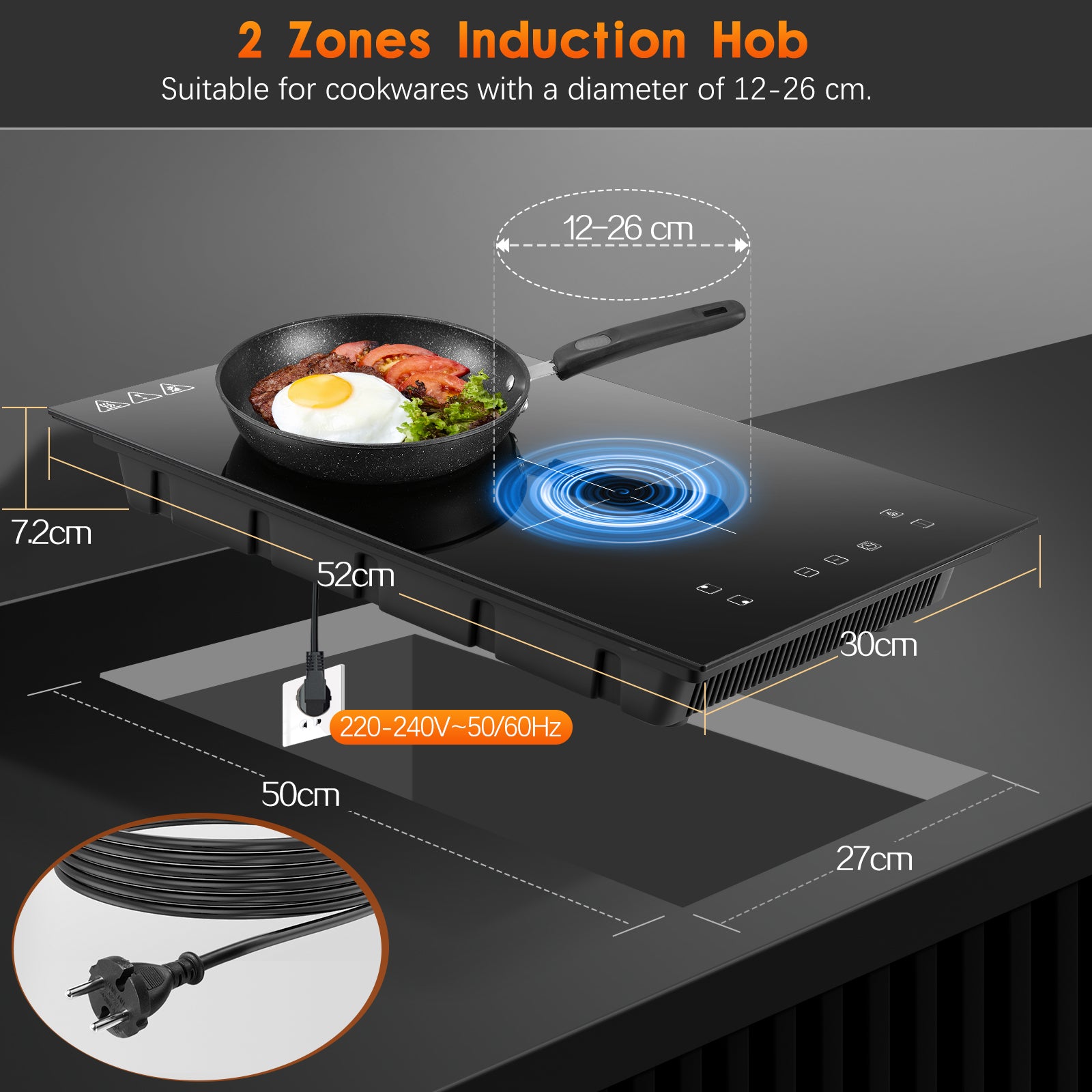 Induktionskochfeld 30cm, 2 Platten, 3300W