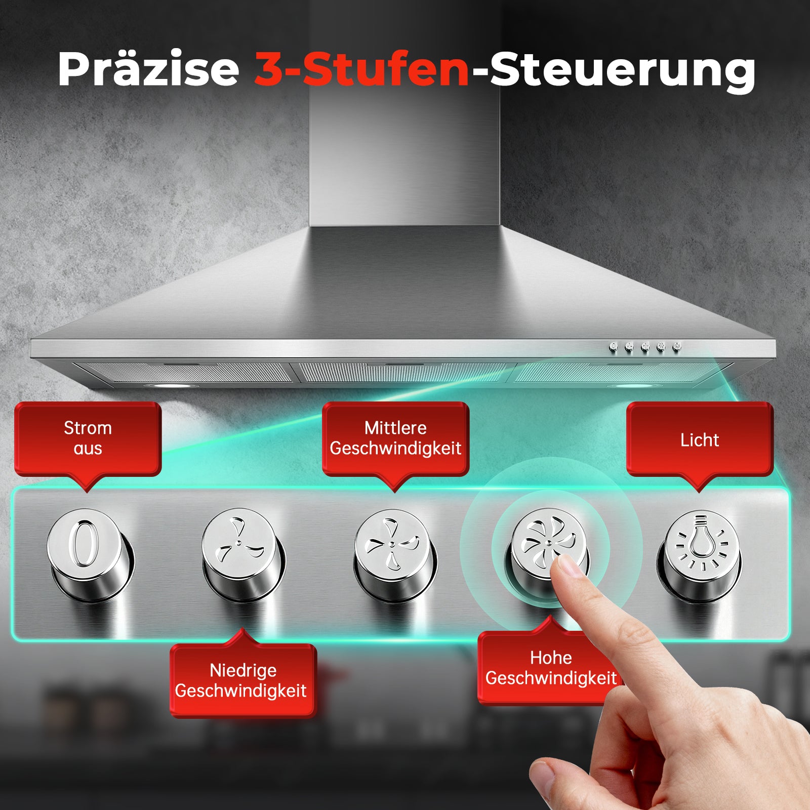 RHEBA9AP3 - 90cm 400m³/h Edelstahl Wandmontage Dunstabzugshaube Silber [Energieklasse A+++]