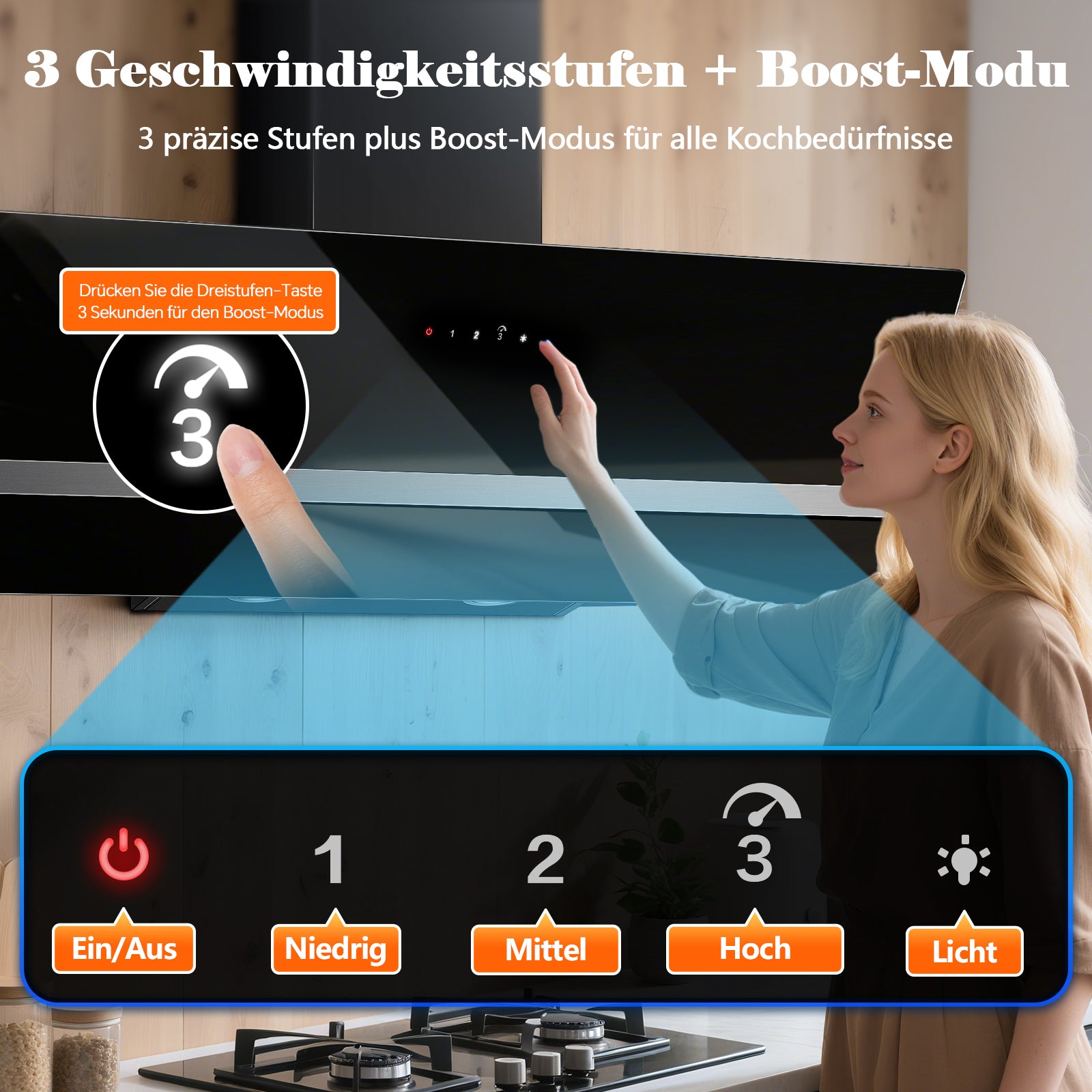 RHEFJF9S3 - 90cm 450m³/h Berührungssteuerung Schräghaube, Wandhaube mit Aktivkohlefilter, Schwarz [Energieklasse A+++]