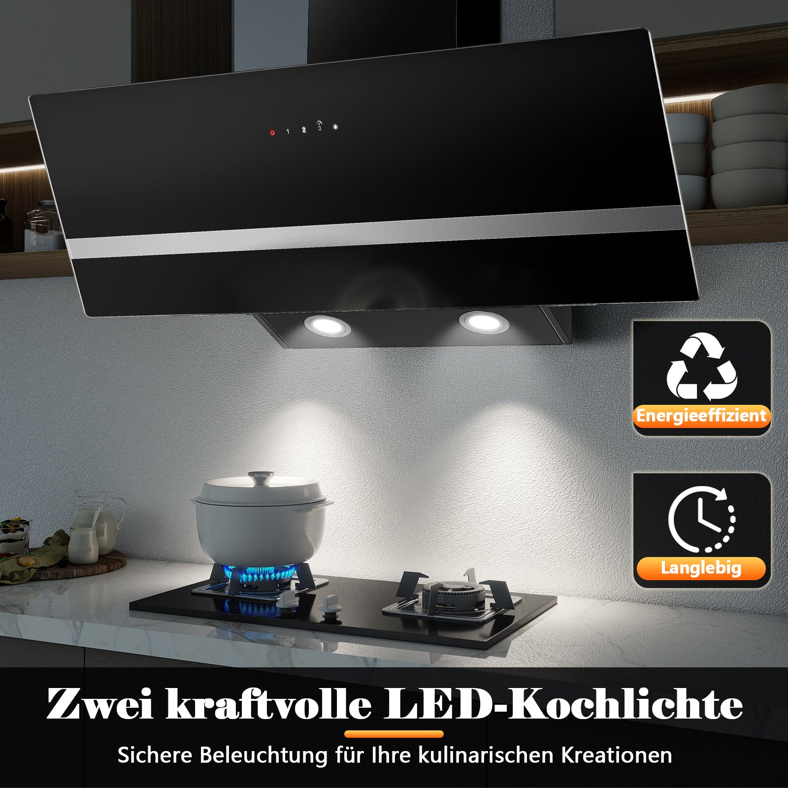 RHEFJF9S3 - 90cm 450m³/h Berührungssteuerung Schräghaube, Wandhaube mit Aktivkohlefilter, Schwarz [Energieklasse A+++]