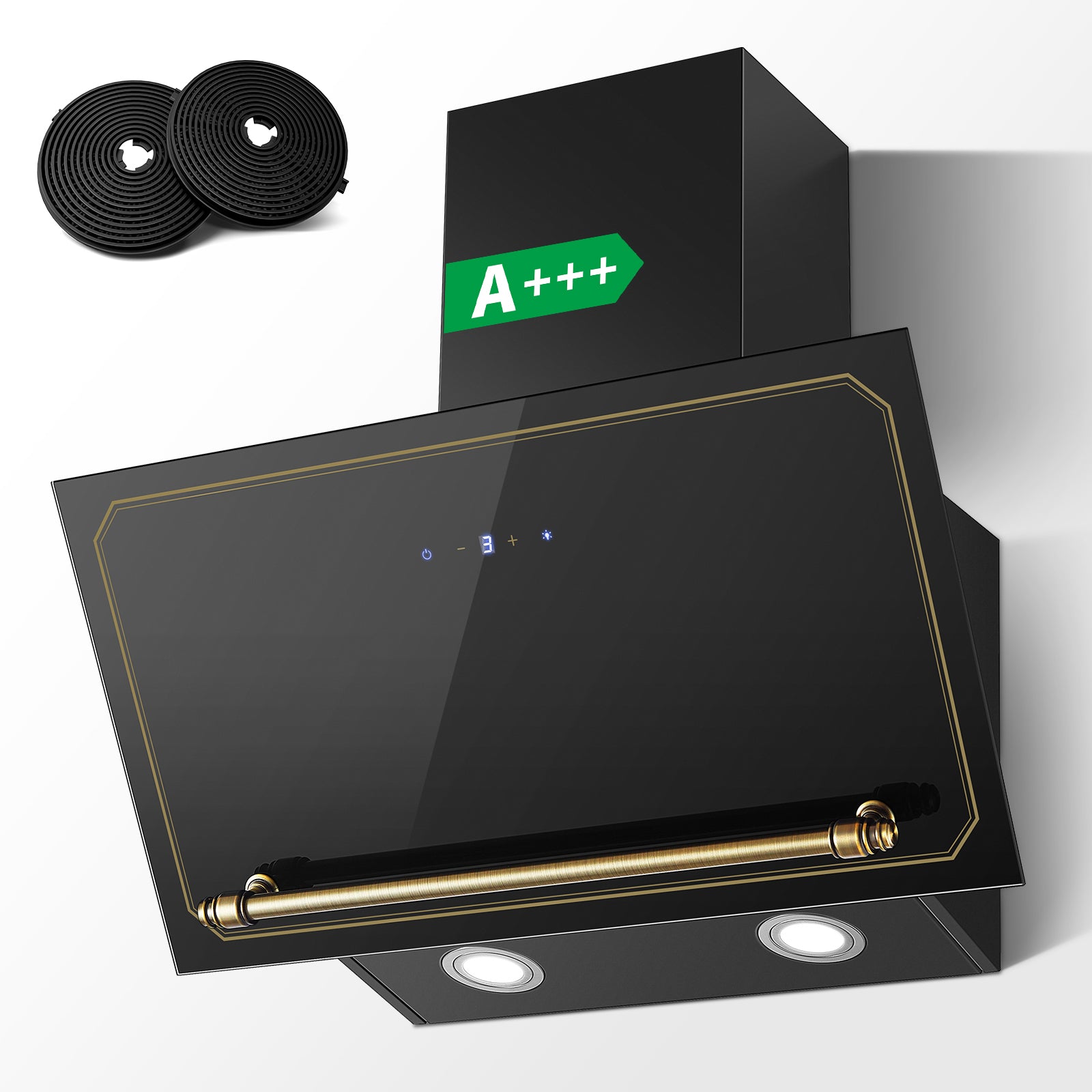 RHFJF60ATBHE - 60cm 450m³/h Berührungssteuerung Schräghaube, Gehärtetes Glas Touchscreen, Schwarz/Gold [Energieklasse A+++]