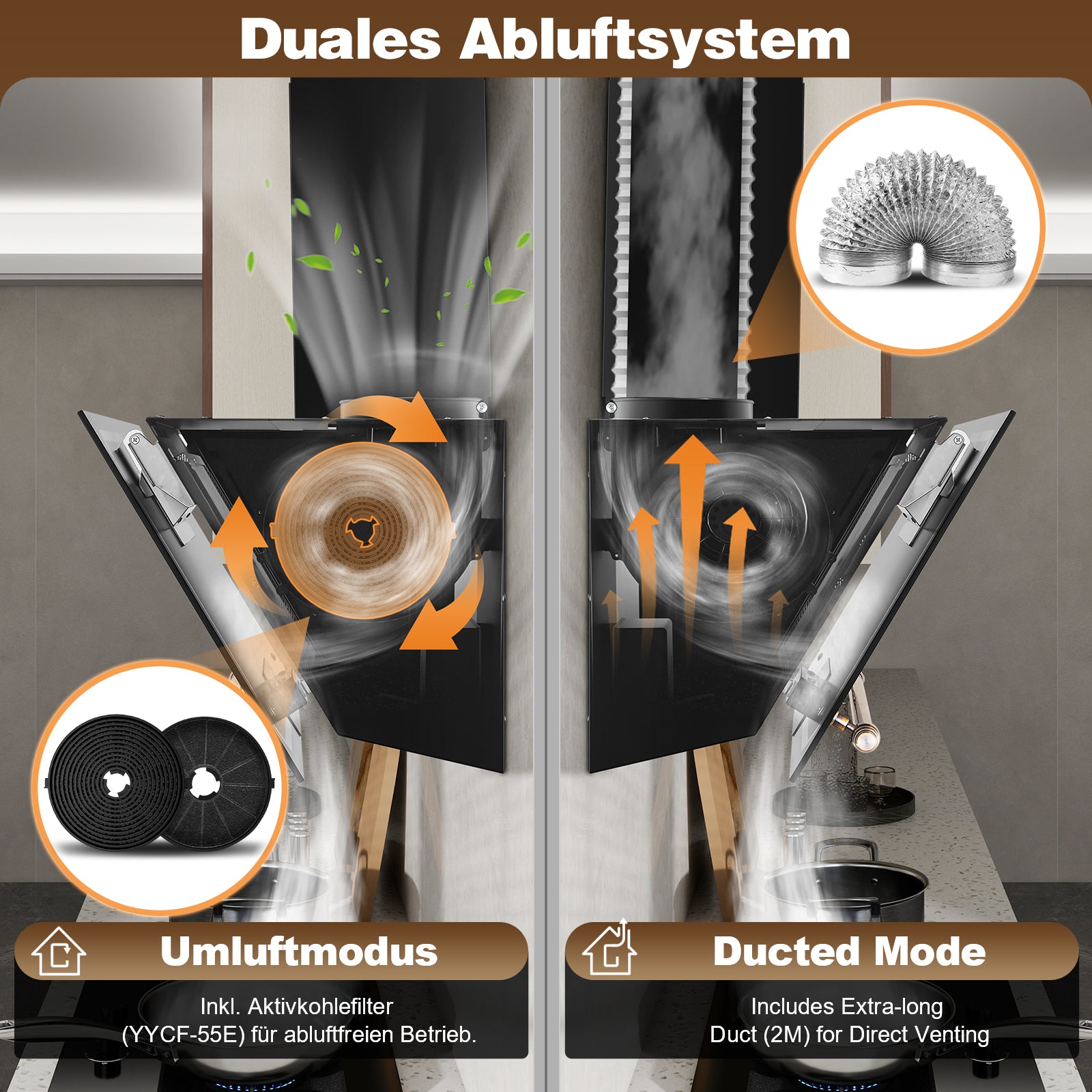 RHFJF60ATBHE - 60cm 450m³/h Berührungssteuerung Schräghaube, Gehärtetes Glas Touchscreen, Schwarz/Gold [Energieklasse A+++]