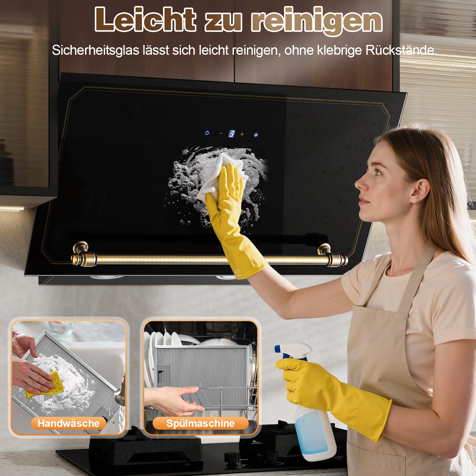 RHFJF60ATBHE - 60cm 450m³/h Berührungssteuerung Schräghaube, Gehärtetes Glas Touchscreen, Schwarz/Gold [Energieklasse A+++]