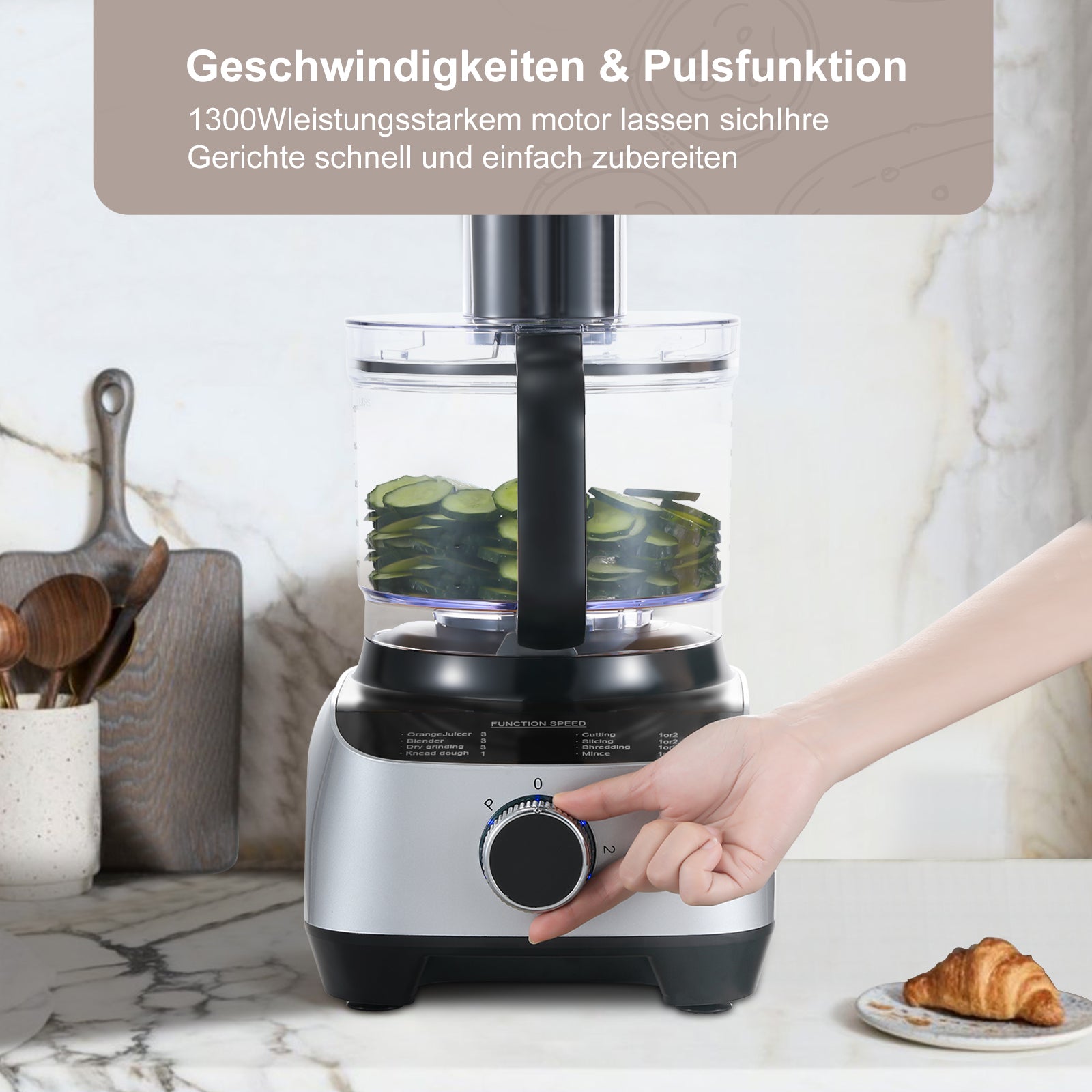 Sndoas 10-in-1 1300W Küchenmaschine Multifunktionaler Rühr-und Knetmaschine Silber- YYFP410