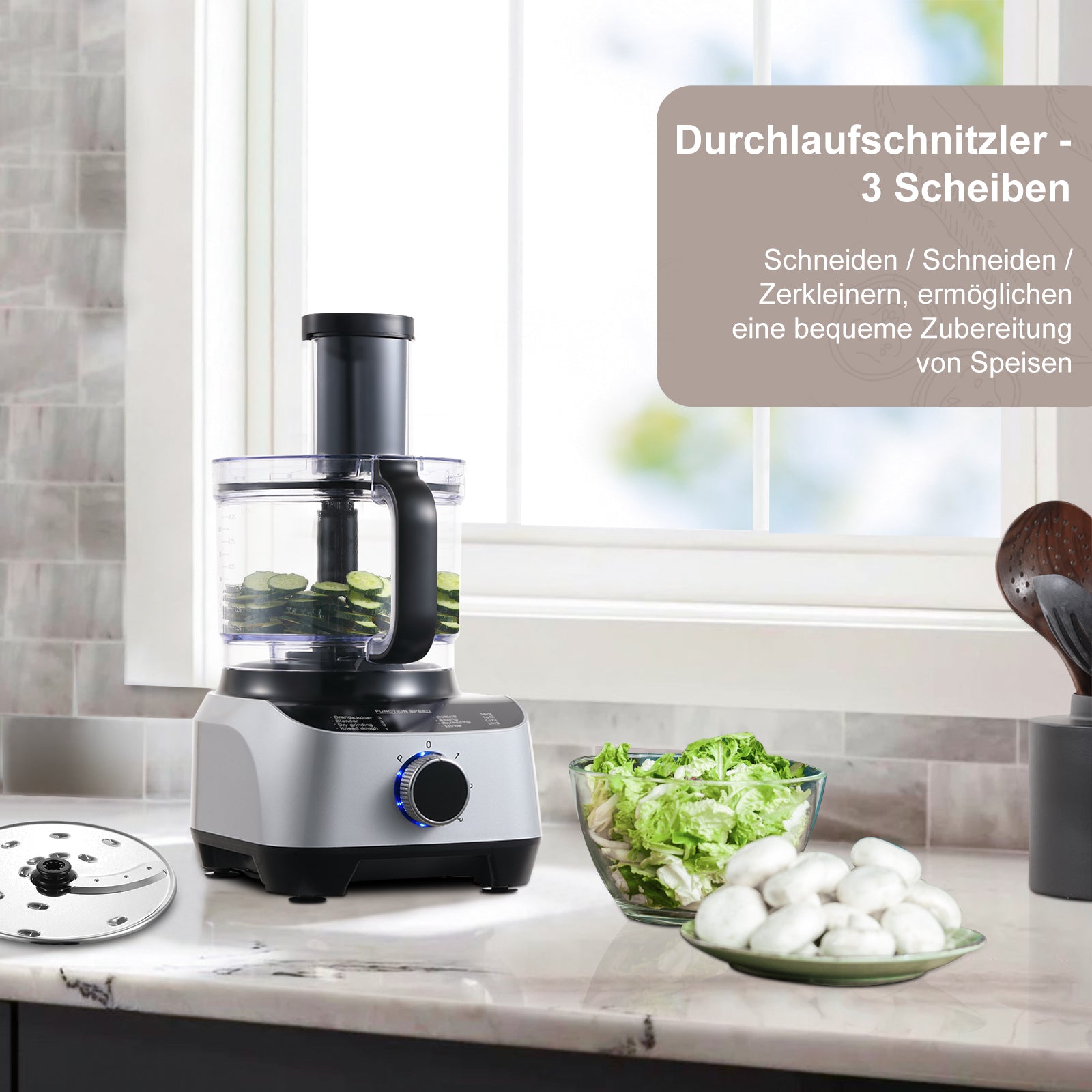 Sndoas 10-in-1 1300W Küchenmaschine Multifunktionaler Rühr-und Knetmaschine Silber- YYFP410