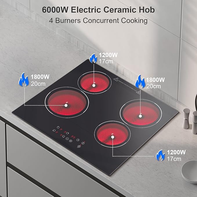 FYCH04- Glaskeramikkochfeld 4 Platten 6000W 9Leistungsstufen Touch-Steuerung