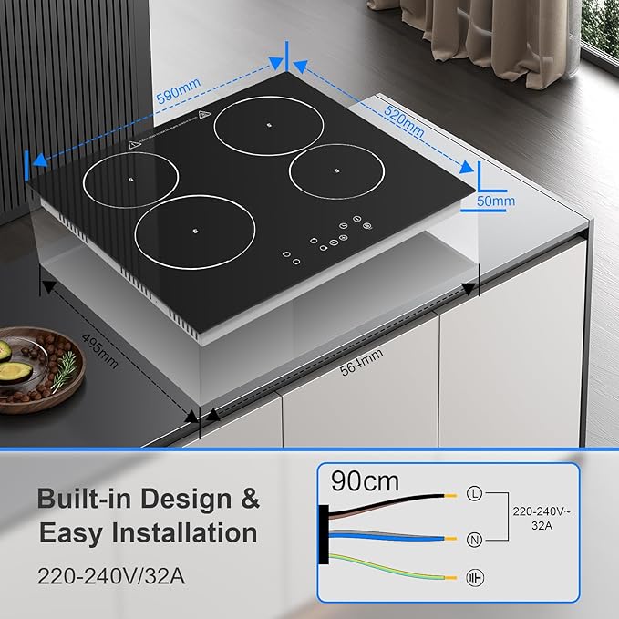 FYCH04- Glaskeramikkochfeld 4 Platten 6000W 9Leistungsstufen Touch-Steuerung