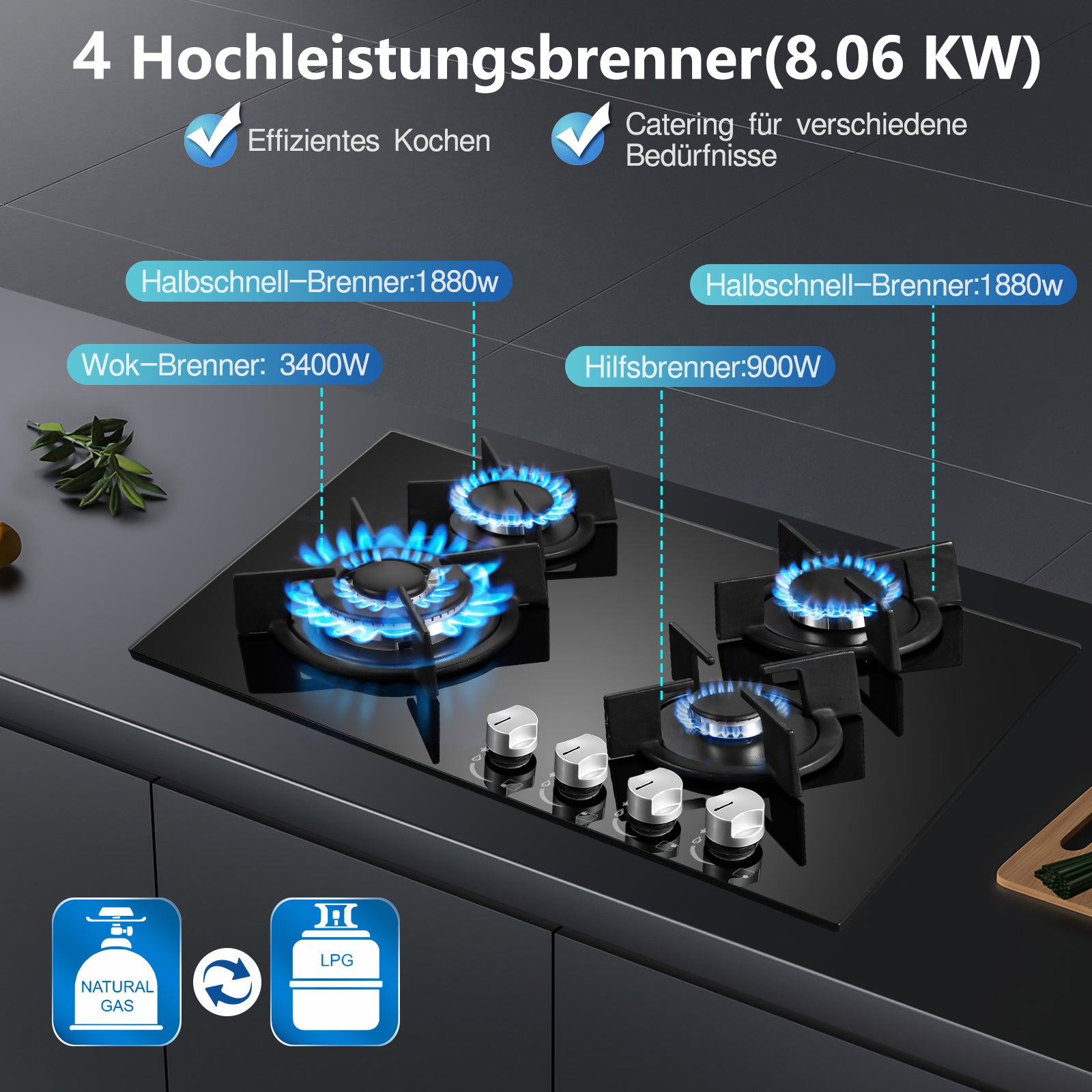 EUT3C-B04- 4 Hearth 60 cm Einbau-Gaskochfeld, Erdgas/Propangas, 8060 Watt