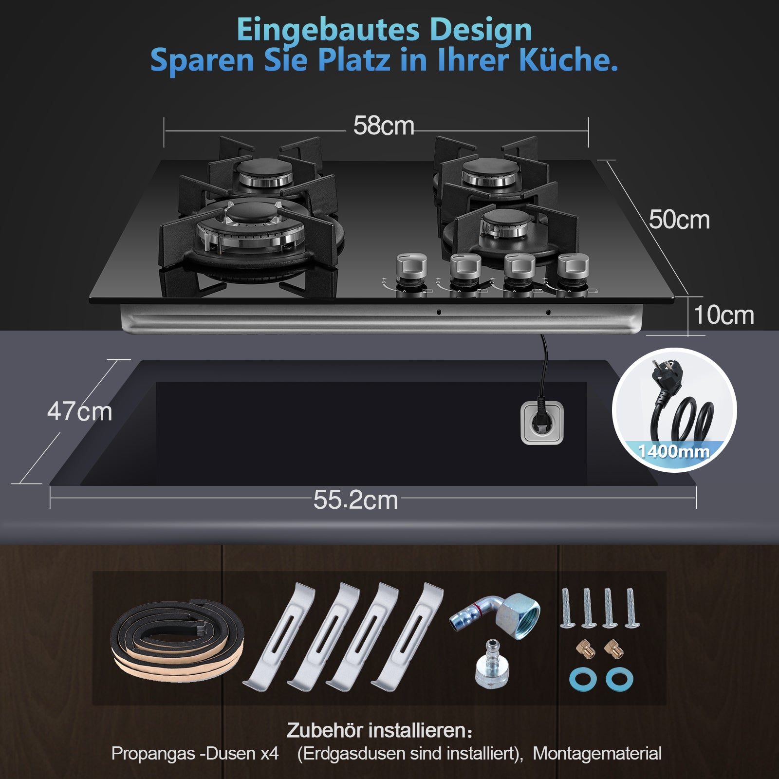 EUT3C-B04- 4 Hearth 60 cm Einbau-Gaskochfeld, Erdgas/Propangas, 8060 Watt