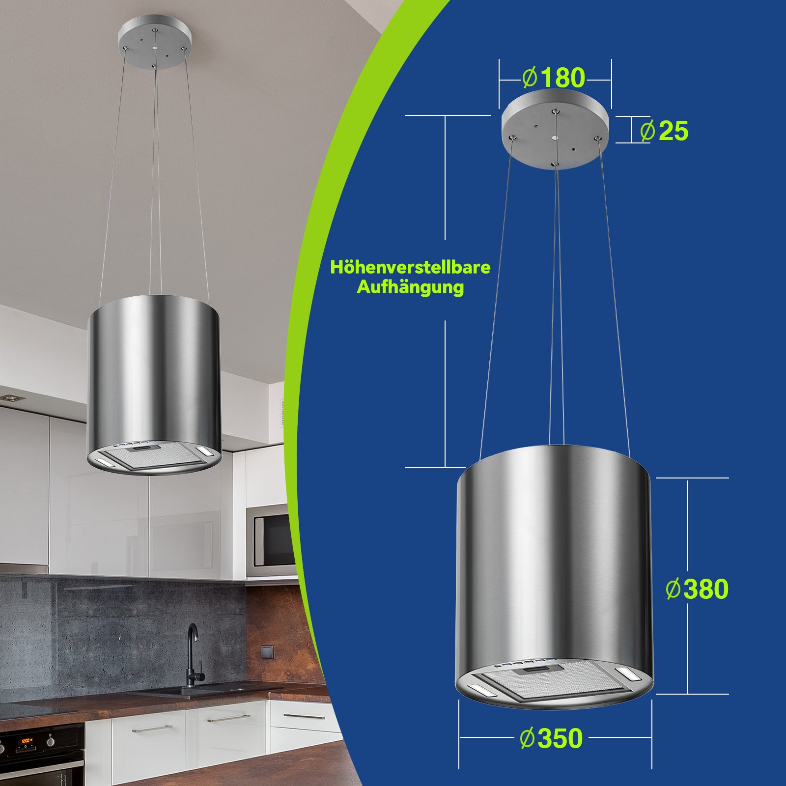 RH0735AESSRE- 35cm Dunstabzug, 700 m³/h mit Aktivkohlefilter, 3 Stufen, Edelstahl [Energieklasse A+]