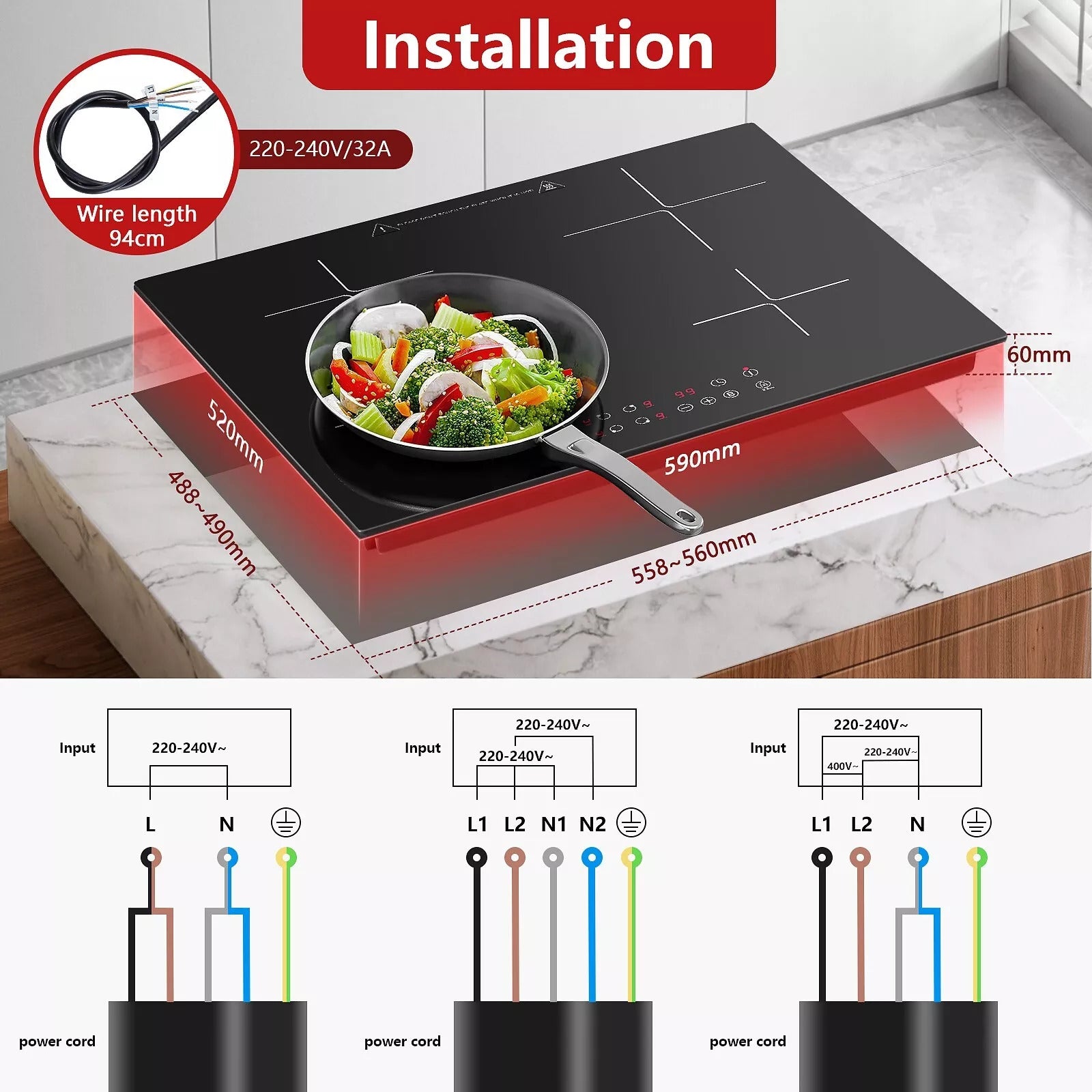 sndoas FYIH04- 60cm Induktionskochfeld 4 Platten 1-99 Min Timer Touch-Steuerung 6000W